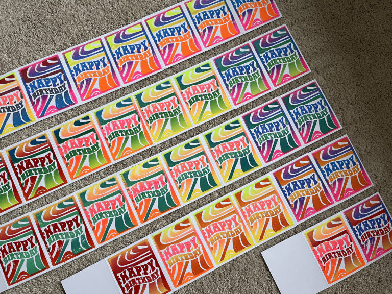 Finished cards for Happy Birthday 2023 Print laid-out on ground